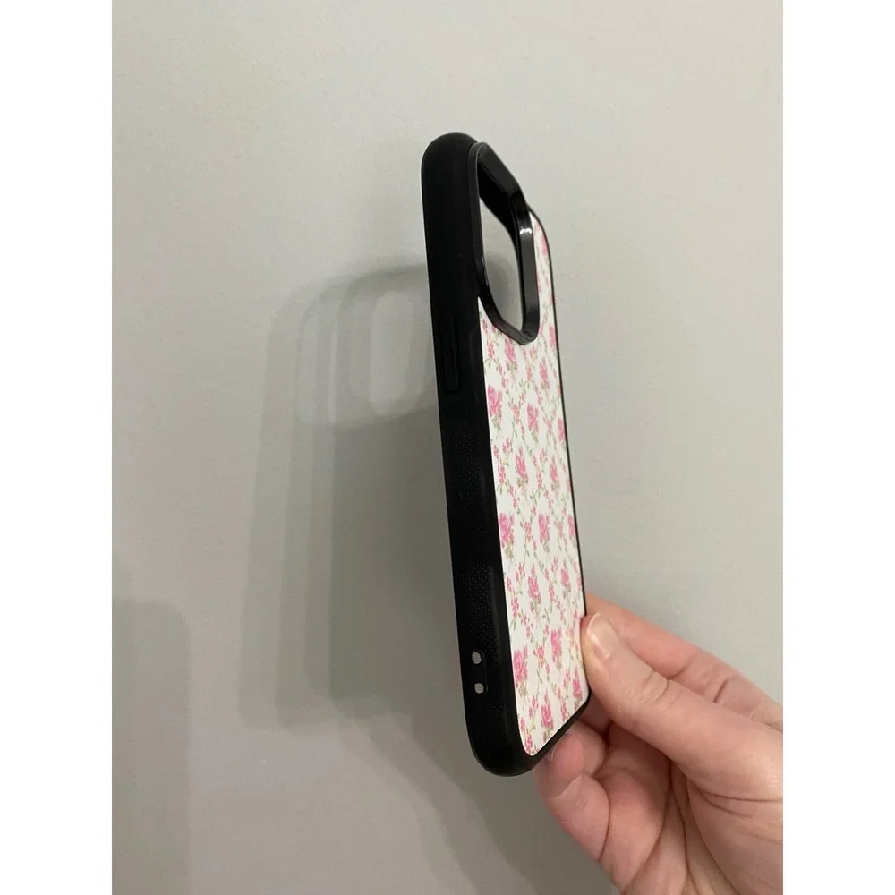 iPhone‎ 14 Pro Case Unisex OS Pink White Floral Rose Pattern Black Bumper Grip